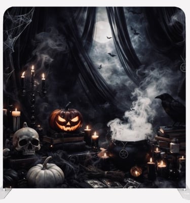 Spooky Halloween backdrop with a smoking witch cauldron, jack-o-lantern, skull, and black raven in a misty forest.