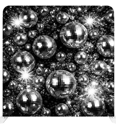 Black and white disco ball backdrop featuring sparkling mirror balls for party photography.