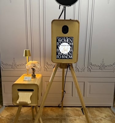 Vintage inspired wooden photo booth with ring light and touch screen for wedding event rentals.