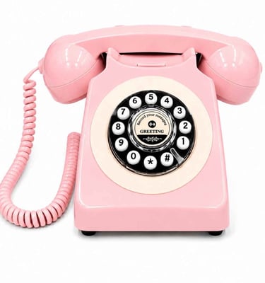 Vintage pink rotary-style audio guest book telephone for weddings and events on a white background.