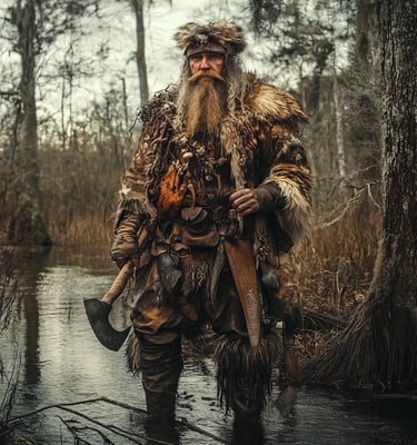 wild savage trapper hunter survivor mystery swamp field meadow marsh fur axe knife skin coat beard