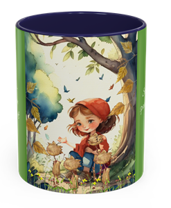 Ccoffee mug with a girl talking to fairy creatures