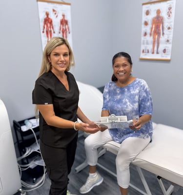 a woman in a doctor's office receiving a checkered checklist