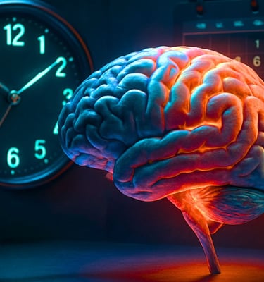 Buntes Gehirn vor Uhr – Symbol für Zeitintelligenz, Führung mit Präsenz und New-Work-Kompetenz.