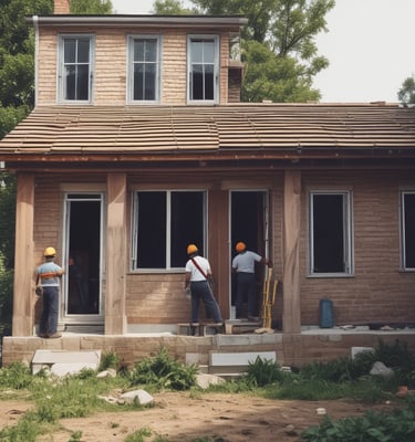 A two-story house under renovation with new brickwork being added. A black tarp covers construction materials in the foreground, surrounded by wood and other building materials. The house features a light brown exterior with two windows on the upper floor, white-framed doors, and a partially completed extension on the ground floor.