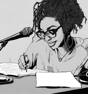 a woman in glasses and a microphone in front of a microphone