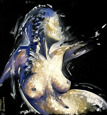 Abstract blue and white expressionist painting of a reclining female figure by Andrej