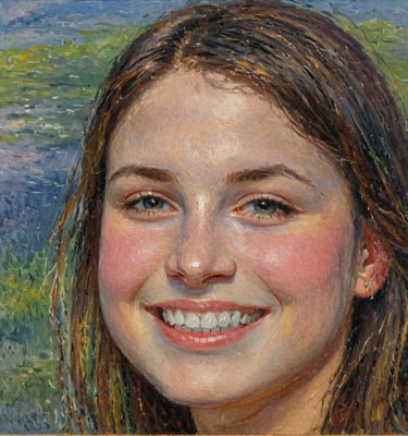 Impressionist oil painting of a smiling young woman with brown hair and a nature backdrop.