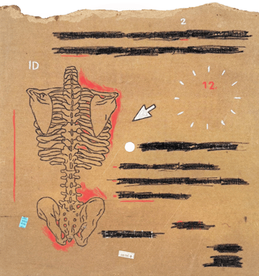 anatomical painting on wooden board of the human torso with redacted text a clock and a computer mouse