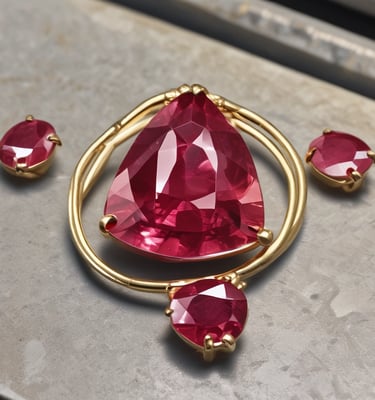 Elegant gold pendant and stud earrings set featuring faceted trillion-cut pink ruby gemstones.