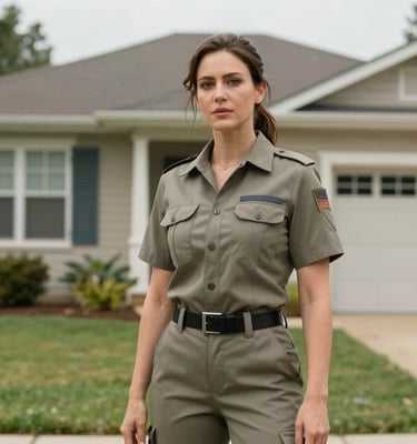Medium shot of a woman agent standing in front of a listed residential property exterior in Bentonville, natural overcast daylight, relaxed posture, wearing practical field clothes, the house facade and front yard visible behind her, candid not posed