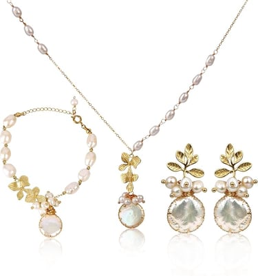Baroque Pearl Earrings Bracelet Necklace Set For Women Dangle Handmade Floral Jewelry