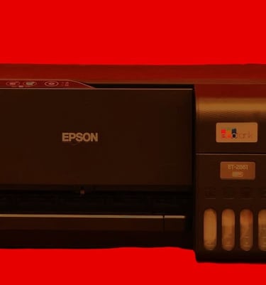 a printer printer with a red background and a black and white printer