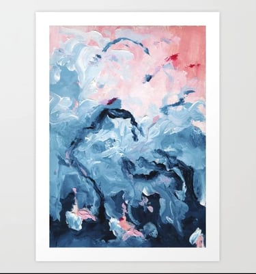 a painting of a painting of a dreamy fantasy mountain landscape with dragons blue pink