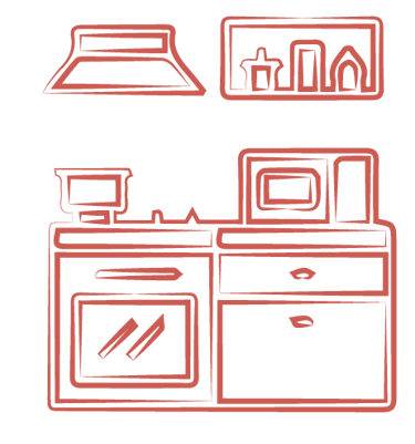 four micro-onde, table de cuisson, frigo, cafetière, grille pain, bouilloire ...