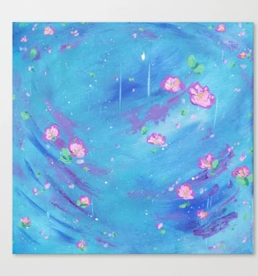 a painting of a blue and pink flower canvas print called cosmic flowers