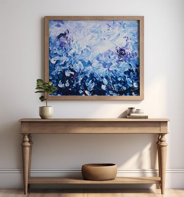 a painting of a blue and white abstract seascape