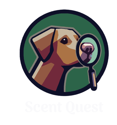 logo for scent quest showing a brown dog with a magnifying glass on it's nose