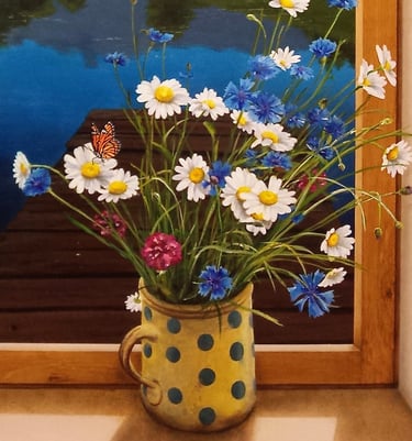 Une peinture de bouquet de fleurs des champs dans un pot d'antan sur le rebord d'une fenêtre ouverte