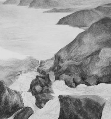 a drawing of a rocky beach with rocks and water