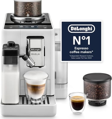 White DeLonghi Rivelia automatic espresso machine with milk frother and integrated bean grinder.
