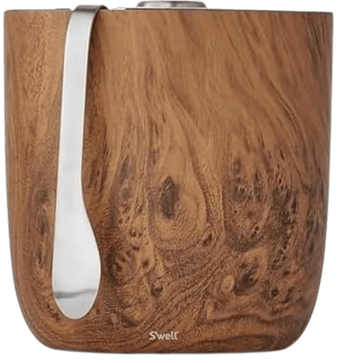 S'well wood-grain insulated ice bucket with matching stainless steel ice tongs.