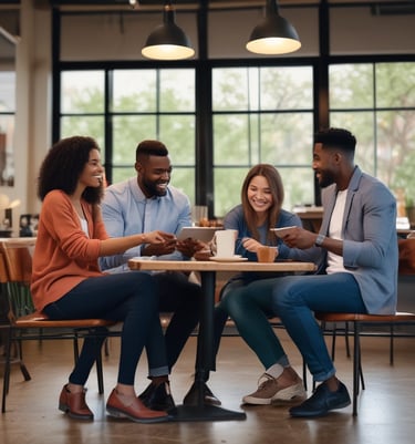 A diverse group of people reviewing property investment documents together in a bright, modern office.