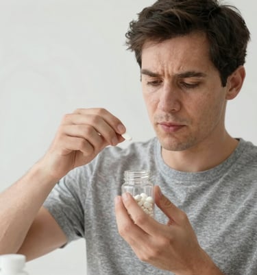 Close-up of a man thoughtfully considering fertility supplements on a kitchen counter.