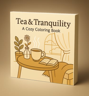  Tea and Tranquility cozy coloring book with warm tan cover featuring a table, tea cup, book, and wi