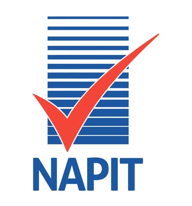 Official NAPIT logo featuring a red checkmark over blue horizontal bars for certified electrical contractors.