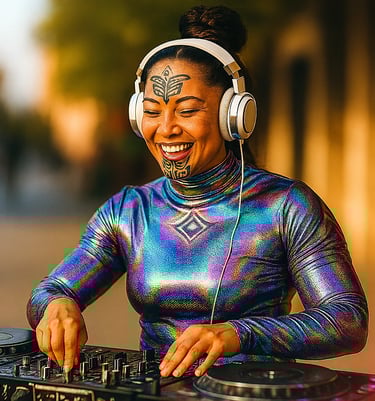 Smiling woman DJing in holographic top—radiating joy as healing frequencies support her Holy Fusion journey