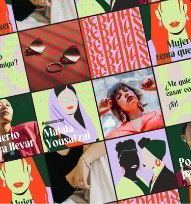 Collage de publicaciones en Instagram de Femme Era, mostrando la estética visual y mensajes feministas de la marca en redes s