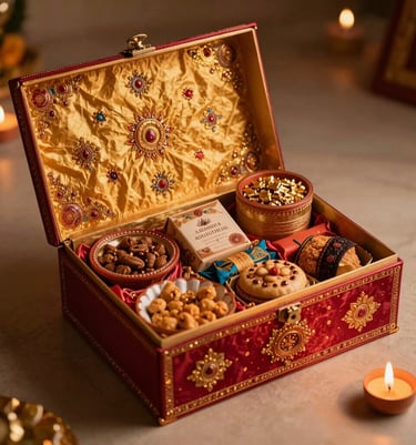 A magnificent South Asian festival gift hamper featuring beautifully crafted Diwali shagun boxes and gourmet treats, bathed in warm, glowing festive candlelight.