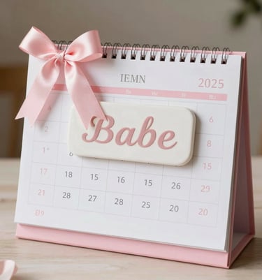 A luxury baby milestone calendar next to a soft customized name plaque, decorated with elegant ribbons in a soft pastel pink setting. Warm natural light.