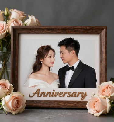 An elegant anniversary couple frame with personalized wooden engraving, surrounded by soft pastel rose arrangements. Premium studio lighting, sophisticated look.