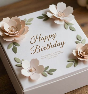 A gorgeous, close-up of a multi-layered birthday explosion box decorated with delicate paper craft flowers and elegant handwritten quotes. Warm natural light, highly sophisticated aesthetic.