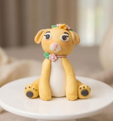 Perrito elaborado en fondant y modelado completamente a mano por Cocina con Ely, diseñado para decor
