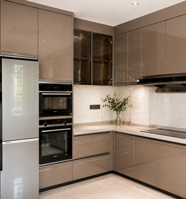 Champagne Modern Kitchen with glossy custom cabinets and integrated appliances