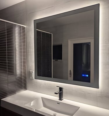 Modern bathroom vanity featuring a rectangular LED backlit mirror over a white sink with black faucet.