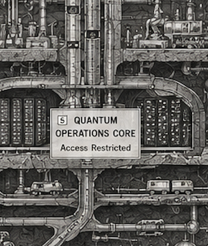 A detailed industrial illustration of a restricted Quantum Operations Core facility with pipes and servers.