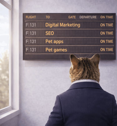 A cat in a business suit looking at an airport flight board featuring digital marketing and SEO keywords.