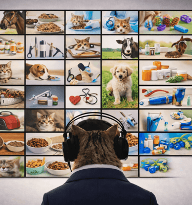 A cat in a suit wearing headphones watches a monitor showing pet care products and animals.
