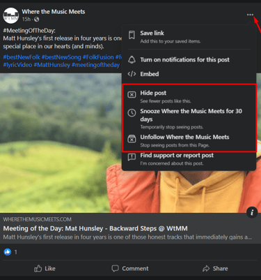 Facebook - post dismissal options