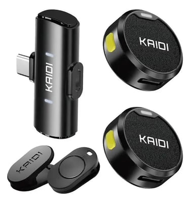 Microfone Lapela Sem Fio Kaidi Com Tipo-C Para Entrevistas e Lives Preto
