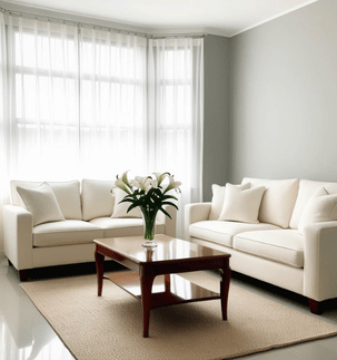 a spotless living room with a couch and a table
