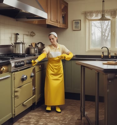 a cleaning lady in a kitchen with yellow gloves on and a yellow apron