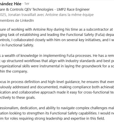 Testimonial from my hiring Manager in QEV Technologies