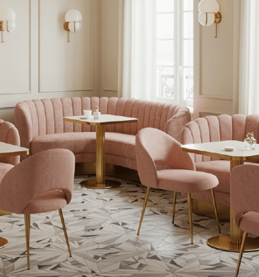 Floree Concept Dubai restaurant interior with soft pink seating,and sophisticated hospitality design