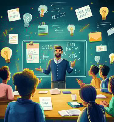 a man in a blue shirt is standing in front of a chalkboard