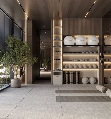 a luxury home gym with a range of functional equipment arranged on the wall